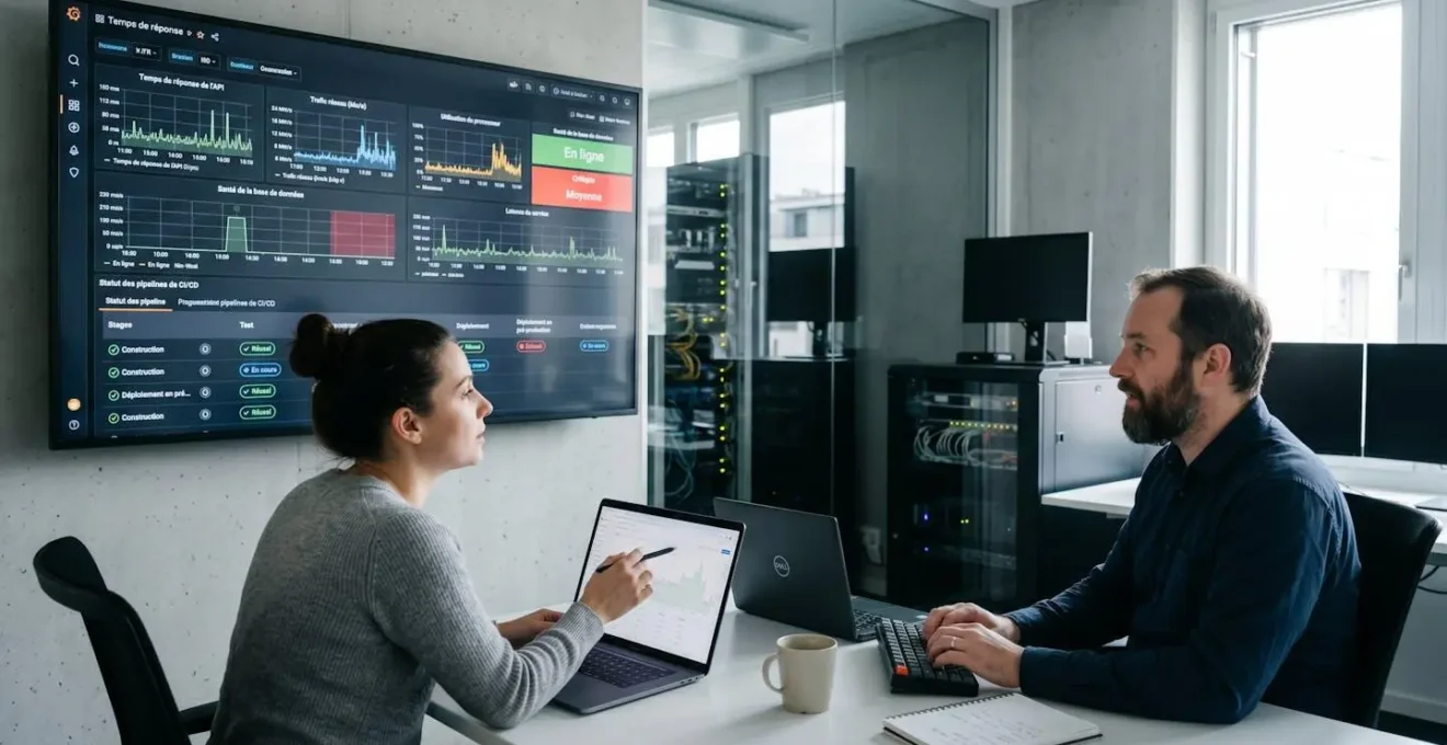 Deux professionnels IT collaborant devant un dashboard de monitoring affichant des métriques Grafana et un pipeline GitLab CI dans un bureau technique moderne