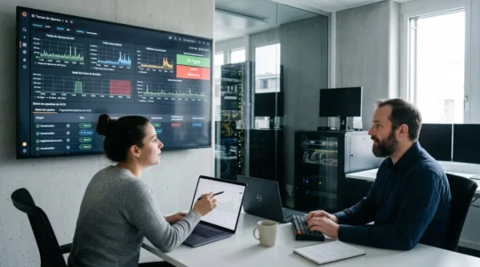 Deux professionnels IT collaborant devant un dashboard de monitoring affichant des métriques Grafana et un pipeline GitLab CI dans un bureau technique moderne