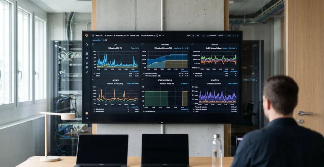 Dashboard Grafana sur grand écran affichant en temps réel des métriques système avec graphiques de CPU, mémoire et latence réseau