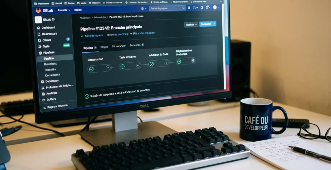Interface GitLab CI affichant un pipeline en exécution avec les étapes build, test et deploy validées en vert sur écran de développeur